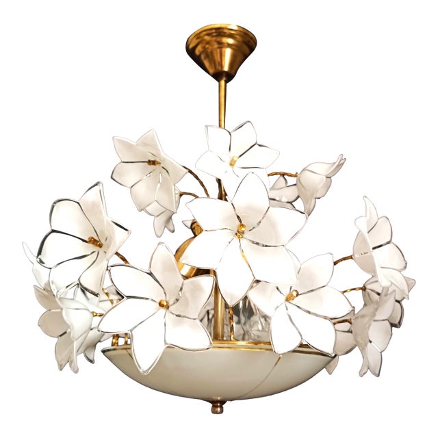 Vintage Murano Style White Milk Glass Basket Chandelier For Sale