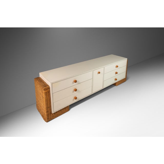 1980s Mid-Century Modern Boho Chic Unique Long Dresser / Case Piece / Sideboard With Rattan Base, C. 1980s For Sale - Image 5 of 12