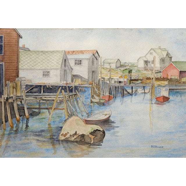 Mid 20th Century Vintage Fishing Village & Marina Watercolor Painting For Sale - Image 5 of 5