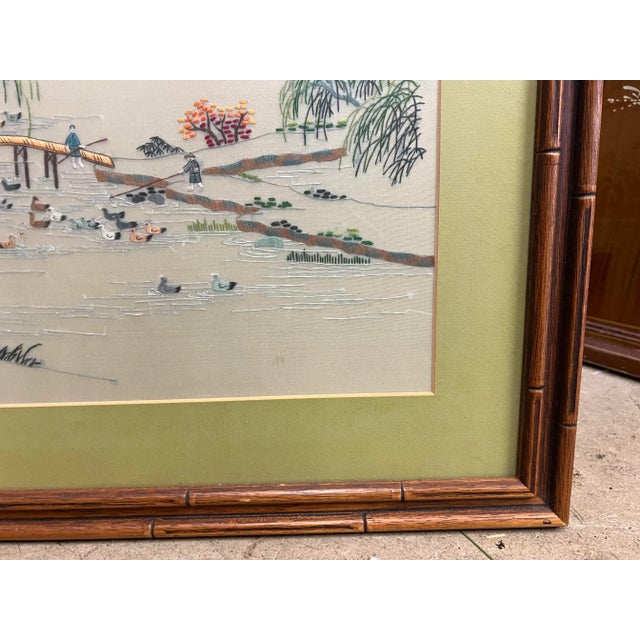 1960s Vintage Asian Style Framed Art Landscape Embroidery For Sale - Image 5 of 8