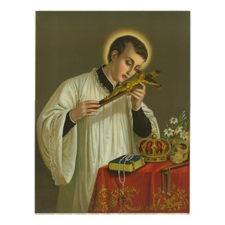 German Devotional Press, St. Aloysius Gonzaga with Crown, Skull and Crucifix, 1899, Chromolithograph on Paper For Sale