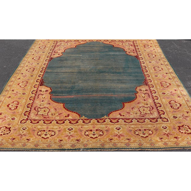 Antique 19th Century Indian Agra Rug in Solid Blue Background For Sale In Atlanta - Image 6 of 14