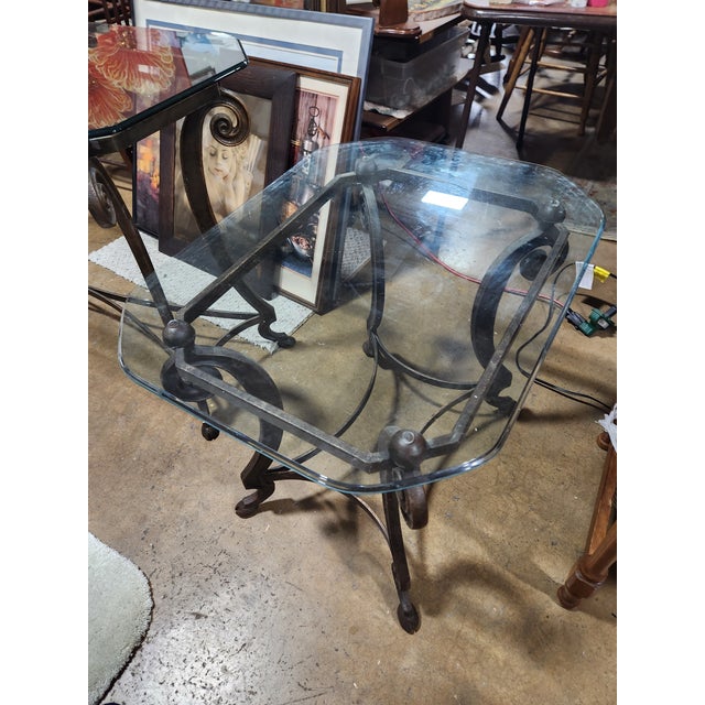 1980s Contemporary Scalloped Glass & Wrought Iron Set of Tables For Sale - Image 4 of 12