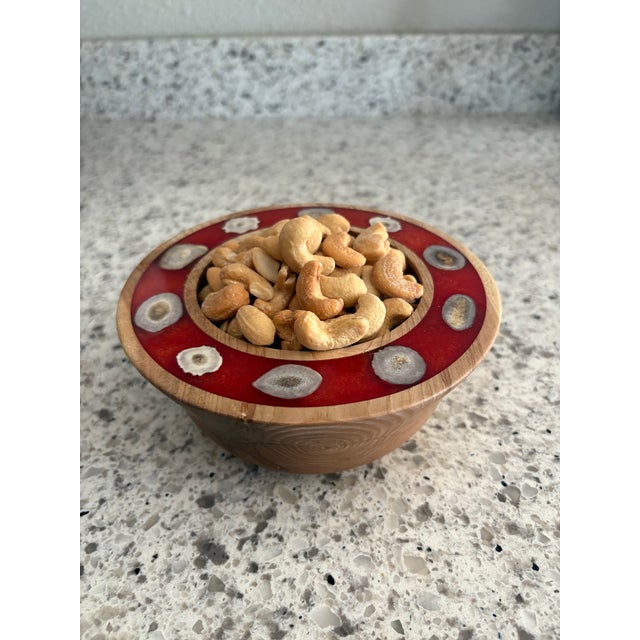 Raspberry Red One of a Kind Hand Carved Wood Bowl Trimmed With Antler Horn Slices For Sale - Image 8 of 11