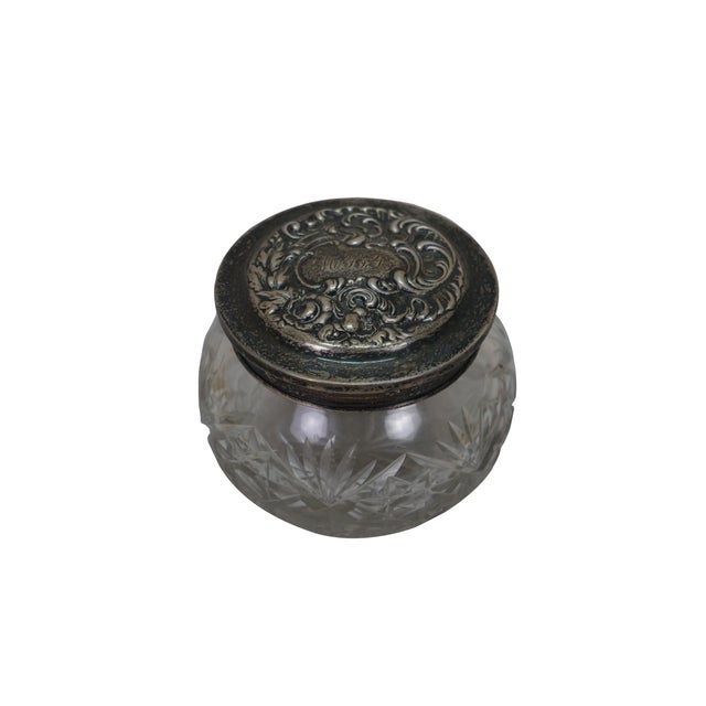 Victorian Antique Simpson Hall Miller Sterling Silver Lidded Cut Crystal Vanity Jar Pot 4" For Sale - Image 3 of 15