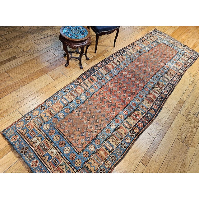 19th Century Persian Kurdish Wide Runner Rug, Hand-Knotted Wool, Allover Paisley Pattern, Terracotta & Blue, 4x12 For Sale - Image 4 of 15