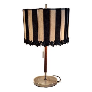 Mid-Century German Table Lamp with Metal Base, Teak Rod and Fabric Shade, 1960s For Sale