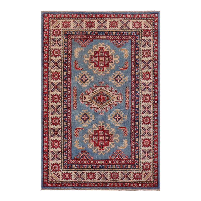 Southwestern Kazak Light Blue/Beige Wool Rug - 3'1''x4'5'' For Sale