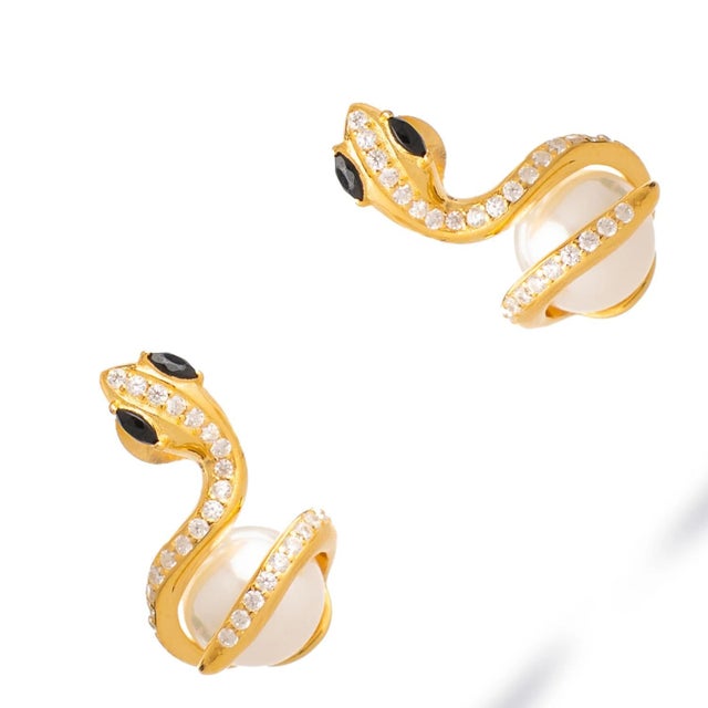 Contemporary Onyx Eye Serpent Pearl Stud Earrings, A Pair For Sale - Image 3 of 8