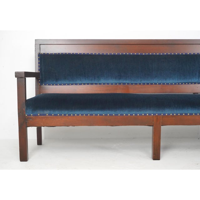 Mid 20th Century Traditional 121.75 In. Blue Velvet Walnut Settee Bench For Sale - Image 6 of 16