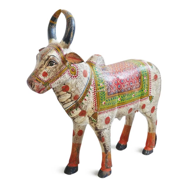 Antique wood painted Brahma cow statue. Hand crafted in rural Rajasthan.