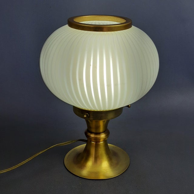 Stunning vintage table lamp, in brass with opaline Murano glass sphere lampshade, with particular white striped design,...
