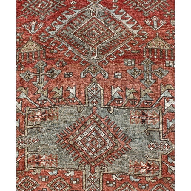 Sub-Geometric Medallion Design Persian Heriz Antique Runner in Red and Gray-Blue For Sale - Image 10 of 12