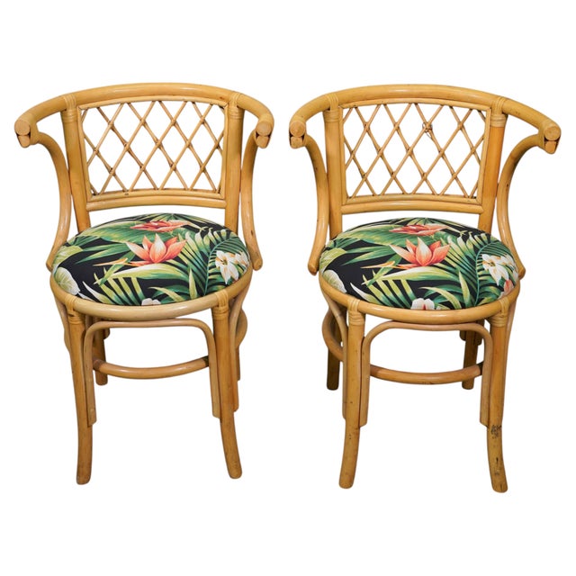 Mid-Century Modern Vintage Coastal Rattan Bistro Table & Chairs Set, New Tropical Fabric, 1970s For Sale - Image 3 of 13