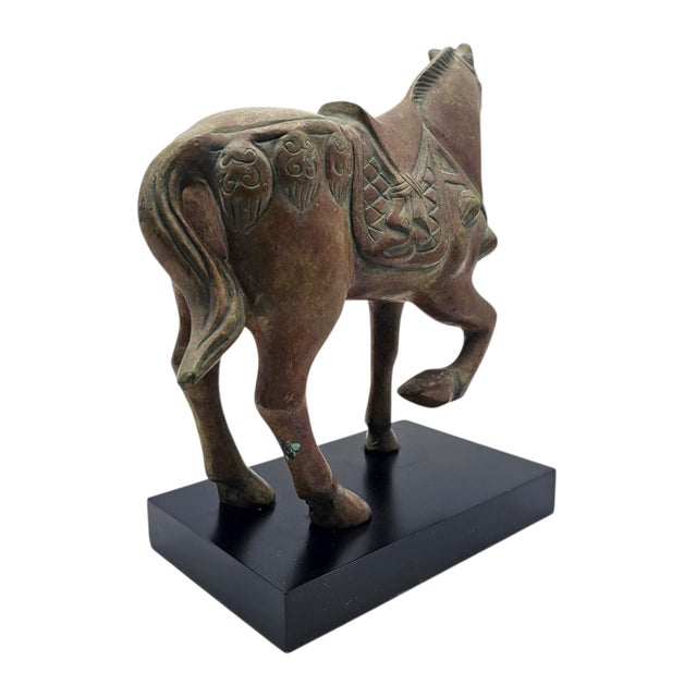 Late 20th Century Chinese Tang-Style Patinated Metal Horse Sculpture on Black Plinth For Sale - Image 14 of 17