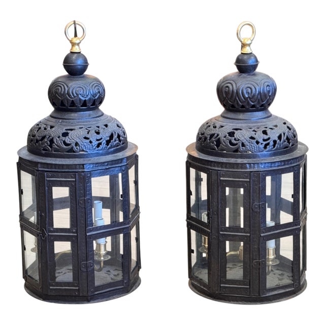 Pair of Late 19th / Early 20th Century German Pierced Metal Octagonal Lanterns For Sale