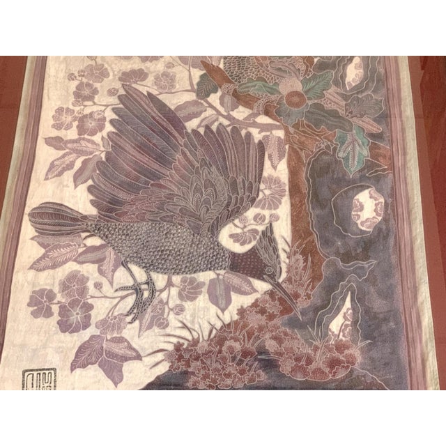 Signed Asian Silk Woven Panel | Flycatcher Birds & Scholar's Rock | Chop Seal Signed | Custom Framed | 20th Century For Sale In Boston - Image 6 of 16