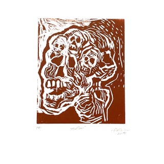 "Mictlán" Contemporary Brutalist Style Figurative Linocut Print For Sale