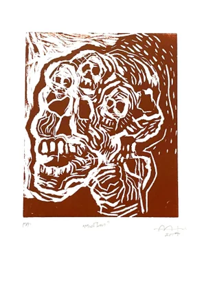 "Mictlán" Contemporary Brutalist Style Figurative Linocut Print
