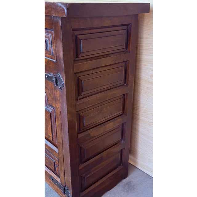 Brown 19th Spanish Baroque Carved Walnut Narrow Two Drawer Credenza or Buffet For Sale - Image 8 of 18