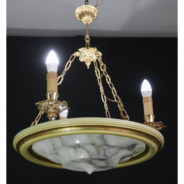1950s 1950s Masterpiece Art Deco Design White Alabaster Chandelier Circular Wooden Frame For Sale - Image 5 of 14