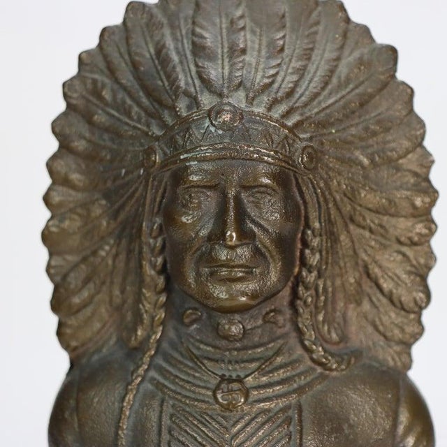 Arts & Crafts Bronze Native American War Chief Bookends C1920 Measures - 6 1/4" x 4 1/4" x 4 1/4"