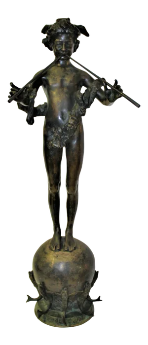 Antique, Pan Boy of Rohallion With Flutes Signed and Dated 1890 Bronze Sculpture, Paris
