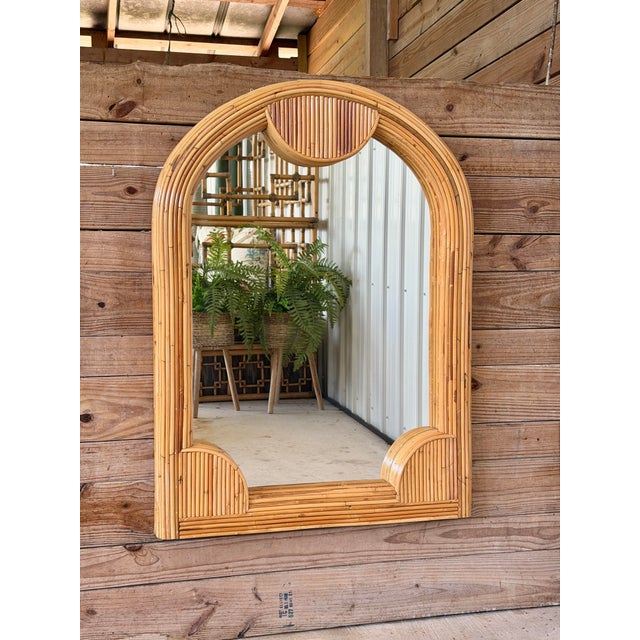 Vintage Coastal Boho Refinished Pencil Reed Rattan Sculptural Arch Wall Mirror For Sale - Image 12 of 12