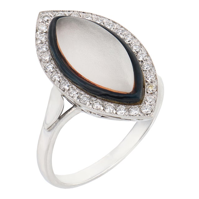 Vintage Moonstone Diamond 18k White Gold Enamel Navette Ring, Size 9.75 For Sale