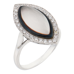 Vintage Moonstone Diamond 18k White Gold Enamel Navette Ring, Size 9.75
