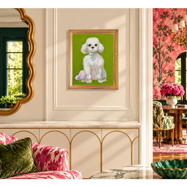 A framed original oil painting by Tatiana Duperault, signed by the artist. A fluffy white poodle with pastel pink,...