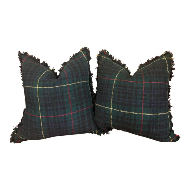 Pair of Vintage Ralph Lauren Wool Tartan Fringed Pillows For Sale