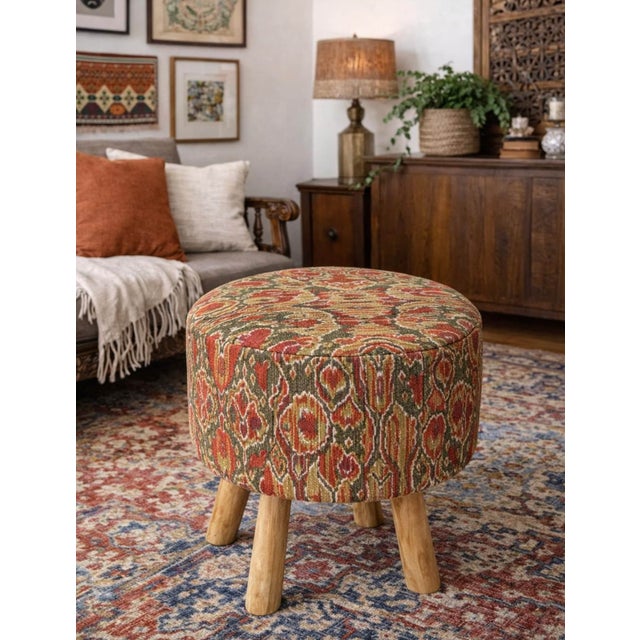 1990s Vintage Kilim Wooden Leg Ottoman, 1990s For Sale - Image 5 of 5