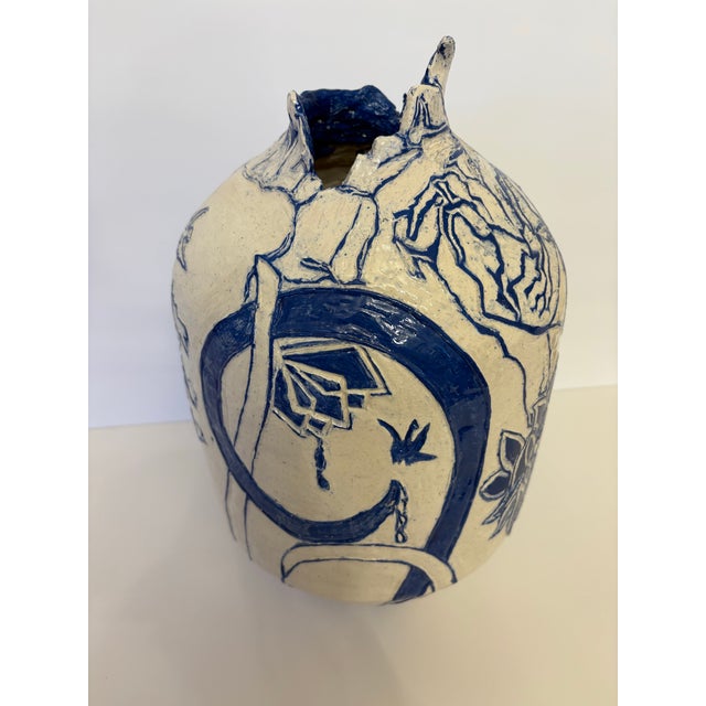 1970s Vintage Abstract Large Blue and White Art Vessel Vase For Sale - Image 5 of 5