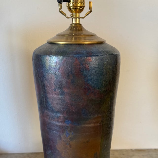 Vintage Hand Thrown California Studio Pottery Lamps in Metallic Raku Glaze, Set of 2 Measure approx: *Large: 22H x 9D...