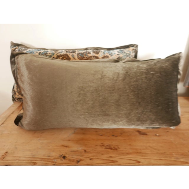 Pair chocolate and turquoise velvet pillows with chocolate velvet flange. Down inserts and zippered enclosures. New.