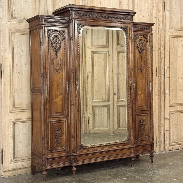 French 19th Century French Louis XVI Walnut Triple Armoire For Sale - Image 3 of 18