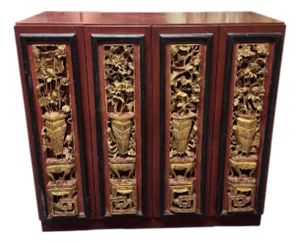 A Vintage Chinese Carved Wood Cabinet With Gilded Floral Motifs
