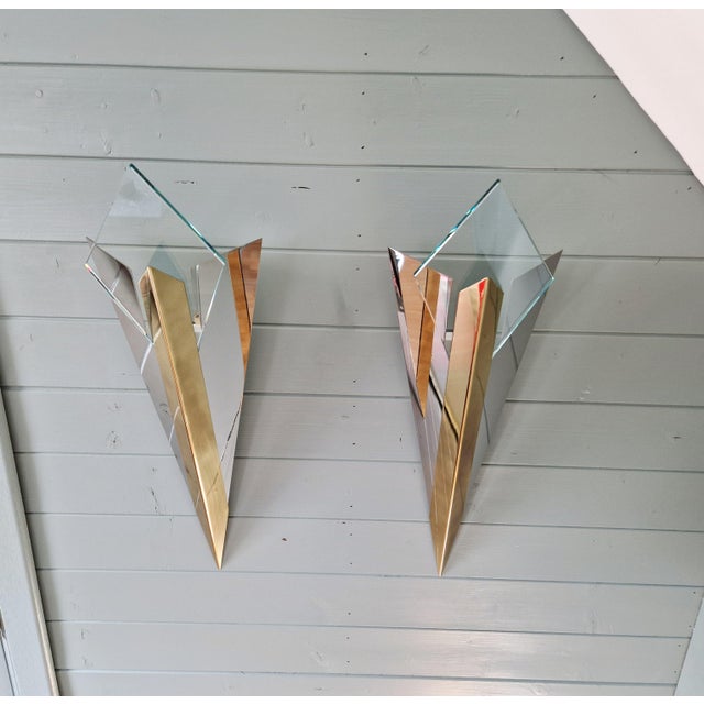 1970s Large Triangular Wall Sconces in Brass and Chrome by J. T. Kalmar for J.T. Kalmar, 1970s, Set of 2 For Sale - Image 5 of 18
