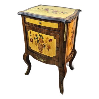 French Louis XV Style Marquetry Cabinet – Floral Inlay, Gilded Details & Curved Cabriole Legs For Sale