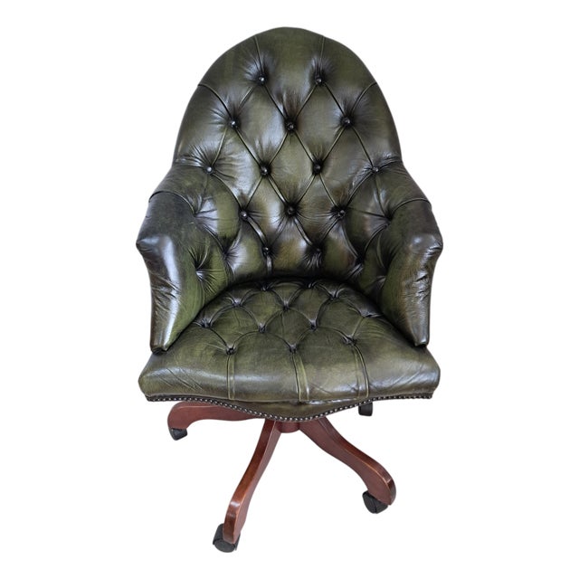 Vintage Chesterfield Style Chair in Green Leather, 1980s For Sale