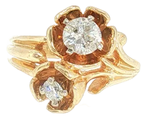 Mid-Century 14k Yellow Gold Two Natural Diamond Offset Floral Design Ring, Size 3.75