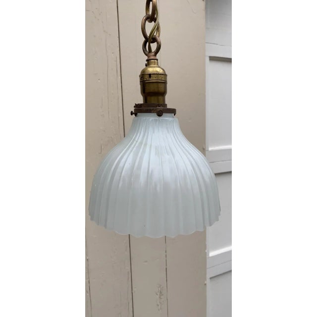 Vintage 1920s Brass Hanging Fixture With Vintage Clam Broth Shade For Sale - Image 4 of 6