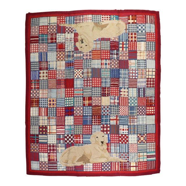 Rare Room Size Large Dog American Hooked Rug For Sale
