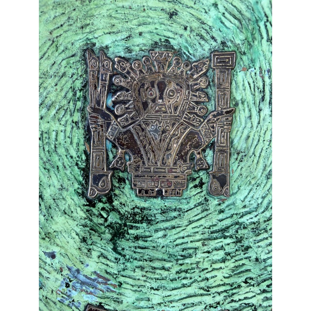 Vintage sterling silver over copper artisan made decorative plate with a Greek key style border, a mythical Incan deity in...