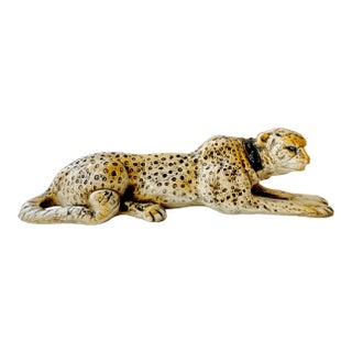 Large 1970 California Pottery Leopard Cat Sculpture, Glazed Ceramic Hollywood Regency Icon For Sale
