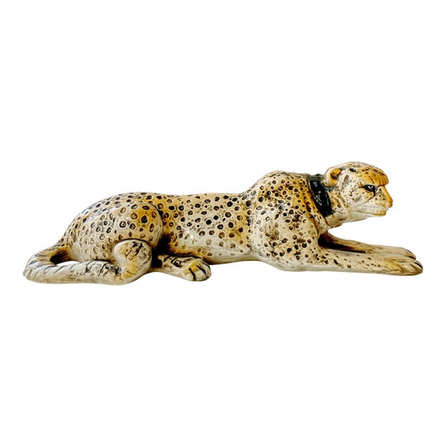 Large 1970 California Pottery Leopard Cat Sculpture, Glazed Ceramic Hollywood Regency Icon For Sale