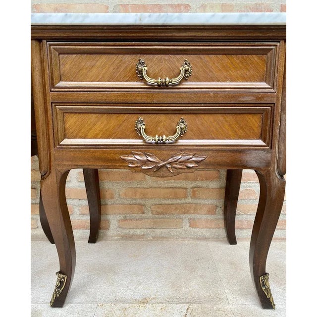 Wood Mid-Century Walnut Nightstands with Drawers and Marble Tops, 1950s, Set of 2 For Sale - Image 7 of 13