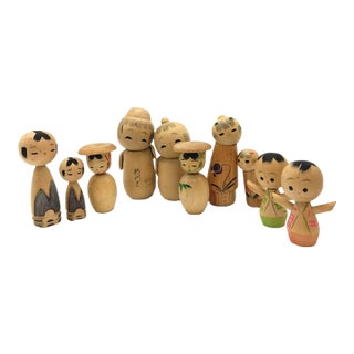 Vintage Japanese Wooden Doll Set – Traditional Hand-Carved Figures Set of 10 For Sale