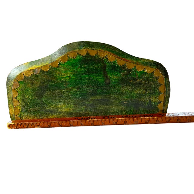 Mid-Century Florentine-Style Artisan-Made Painted Green Wood & Brass Demilune Wall Console Shelf With Stylized Fish Bracket For Sale - Image 10 of 10
